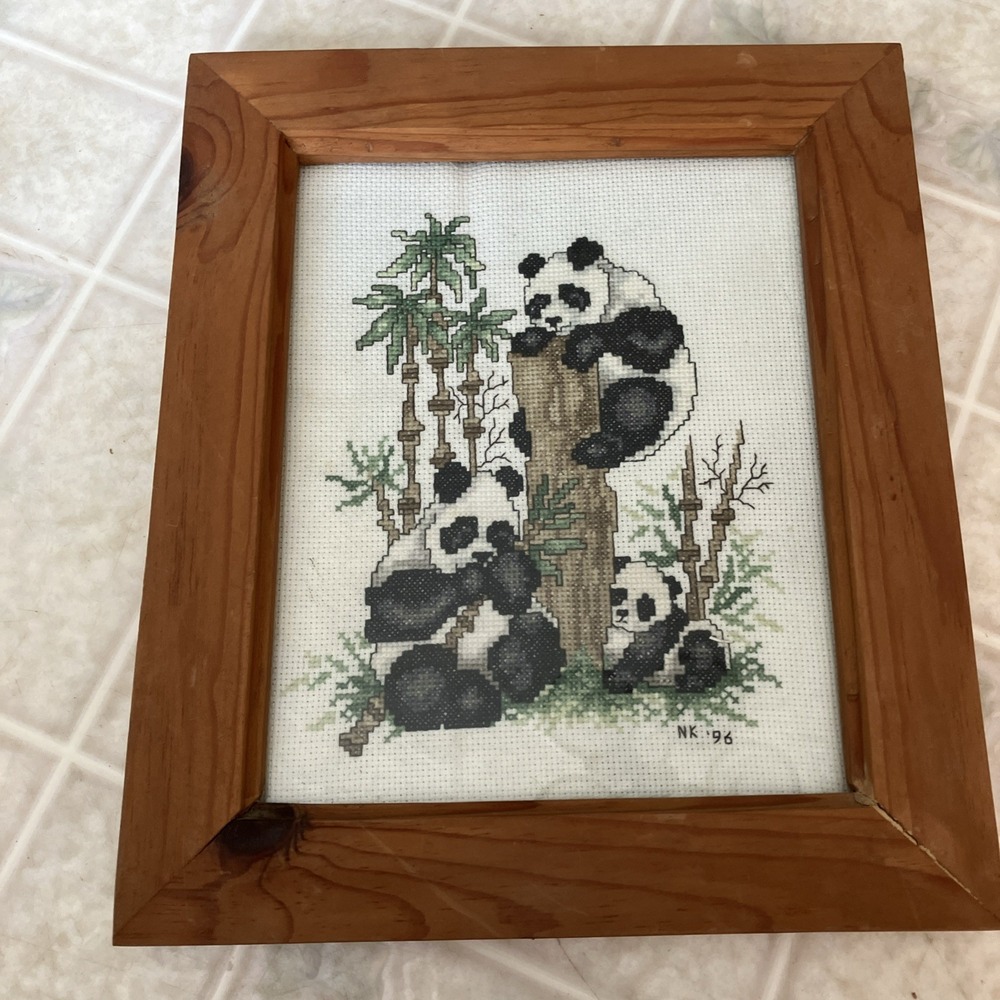 Completed Handmade Framed Panda Bears Cross Stitch Three pandas Bamboo Tree